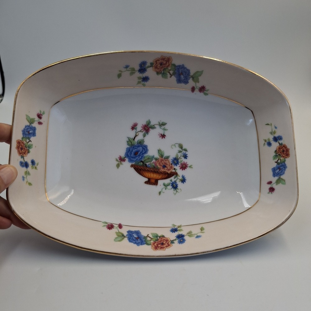 Edelstein Bavaria German Porcelain Oval Tray Dish Flower Basket Dahlias Peonies